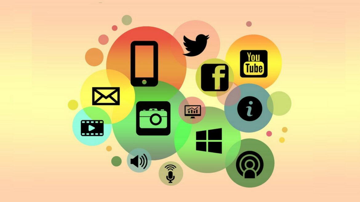 Mural ilustrativo colorido com as logos das redes sociais