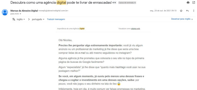 Exemplo de parte de um E-mail Marketing desenvolvido pela Abrasivo Digital