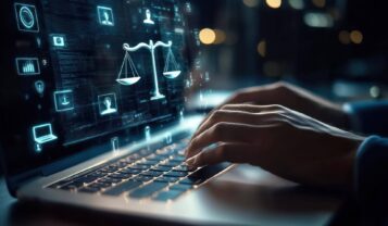 man typing laptop keyboard with virtual legal screen