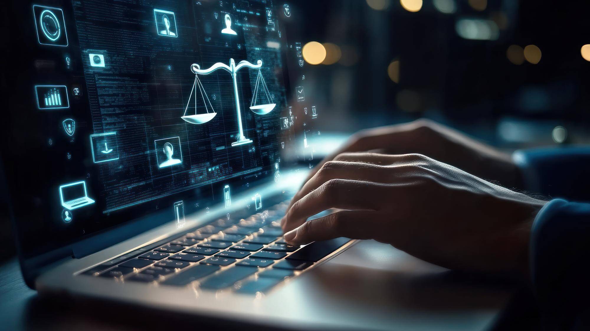 man typing laptop keyboard with virtual legal screen